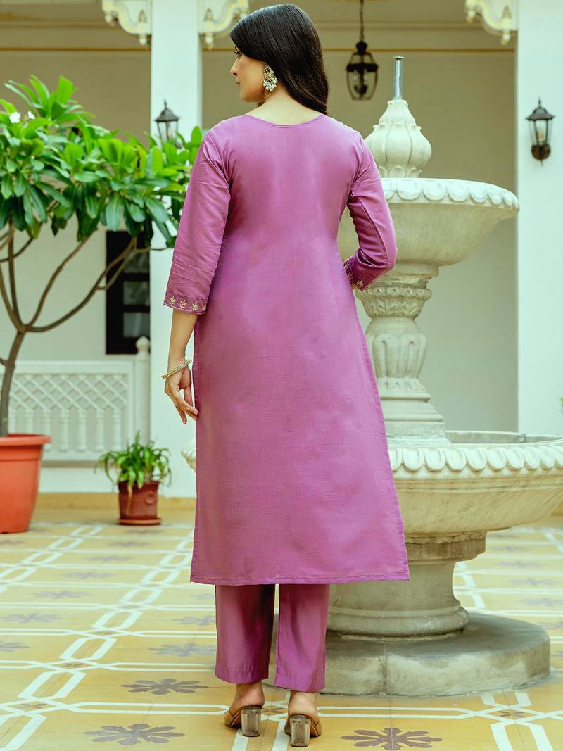 Lavender viscose chanderi silk thread embroidered with beads work with printed dupatta kurta pant set