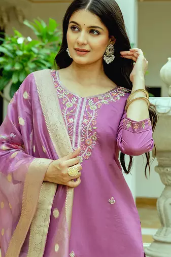Lavender viscose chanderi silk thread embroidered with beads work with printed dupatta kurta pant set