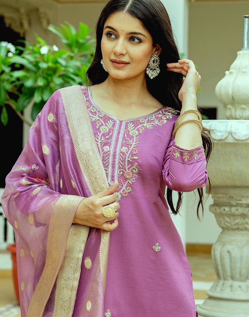 Lavender viscose chanderi silk thread embroidered with beads work with printed dupatta kurta pant set