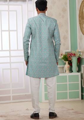 green banarasi jacquard sherwani for men 4