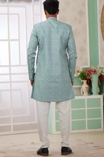 green banarasi jacquard sherwani for men