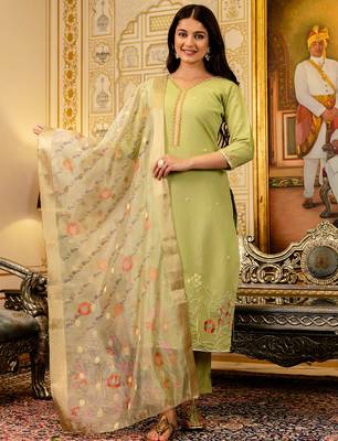 Lemon viscose simer thread embroidered with beads work with printed dupatta kurta pant set 1