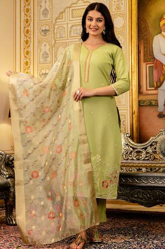 Lemon viscose simer thread embroidered with beads work with printed dupatta kurta pant set