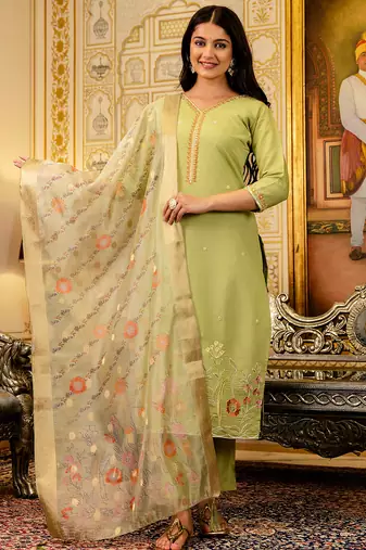 Lemon viscose simer thread embroidered with beads work with printed dupatta kurta pant set