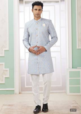 blue banarasi jacquard sherwani for men 1