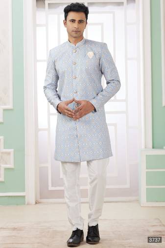 Blue banarasi jacquard semi indo for men