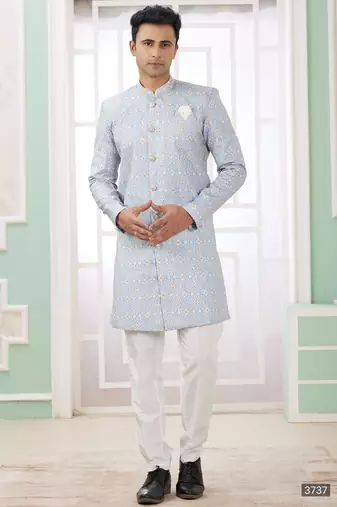 Blue banarasi jacquard semi indo for men