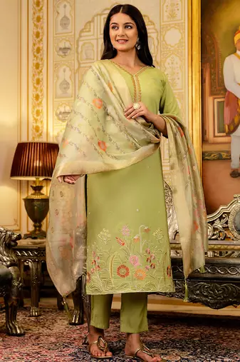 Lemon viscose simer thread embroidered with beads work with printed dupatta kurta pant set