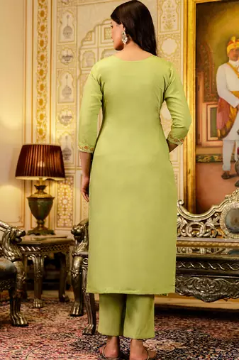Lemon viscose simer thread embroidered with beads work with printed dupatta kurta pant set