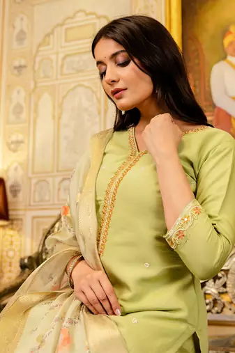 Lemon viscose simer thread embroidered with beads work with printed dupatta kurta pant set