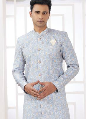 blue banarasi jacquard sherwani for men 2