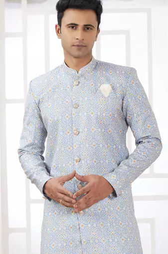 blue banarasi jacquard sherwani for men