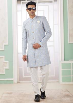 blue banarasi jacquard sherwani for men 3