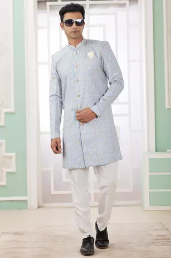 blue banarasi jacquard sherwani for men