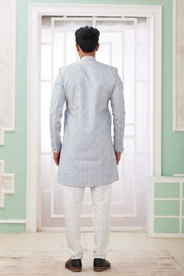 blue banarasi jacquard sherwani for men 4