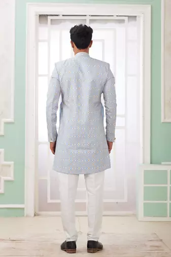 blue banarasi jacquard sherwani for men
