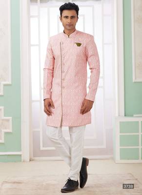 dark pink banarasi jacquard sherwani for men 1