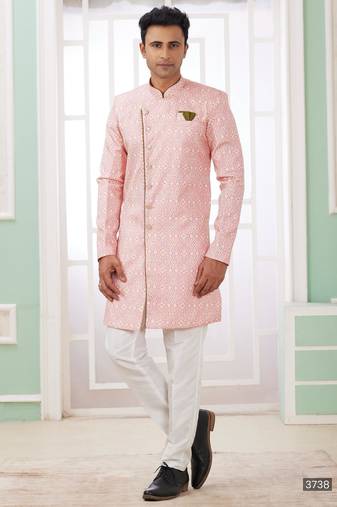 Dark pink banarasi jacquard semi indo for men
