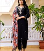 Black viscose chanderi thread embroidered with beads work with printed dupatta kurta pant set