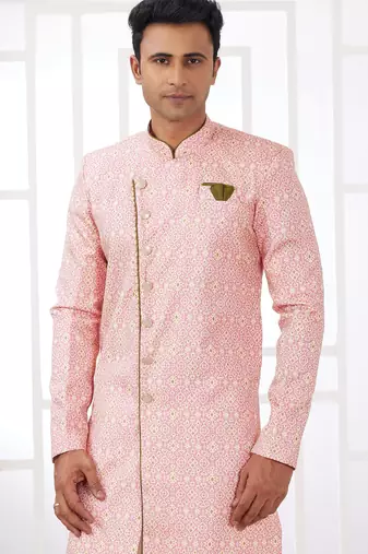dark pink banarasi jacquard sherwani for men