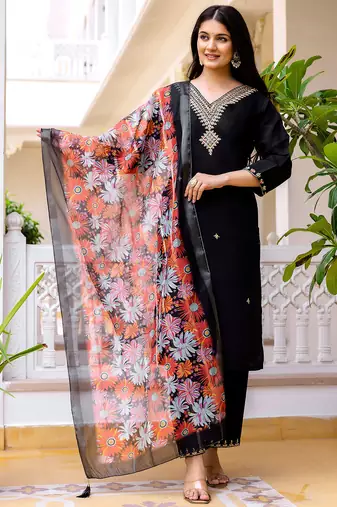 Black viscose chanderi thread embroidered with beads work with printed dupatta kurta pant set