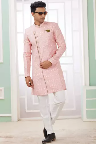 dark pink banarasi jacquard sherwani for men