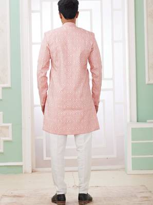 dark pink banarasi jacquard sherwani for men 4