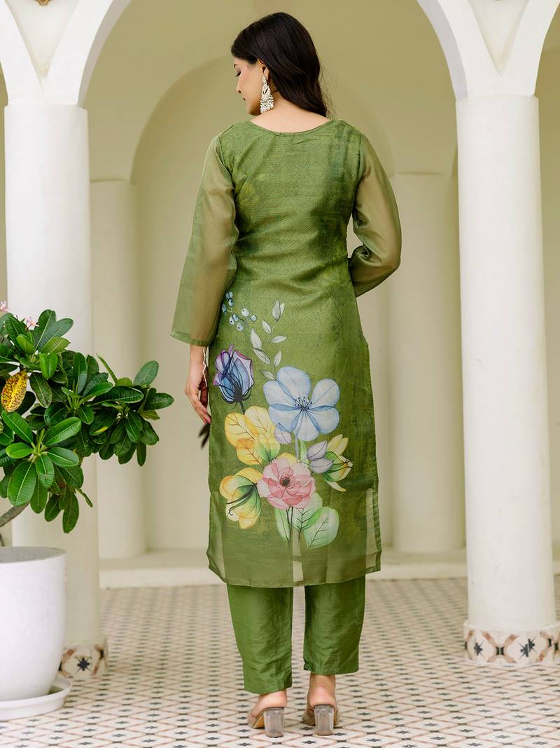 Mehendi shimmer organza print with thread embroidery work kurta pant set