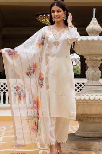 White viscose chanderi thread embroidered with beads work with printed dupatta kurta pant set