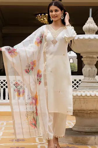 White viscose chanderi thread embroidered with beads work with printed dupatta kurta pant set