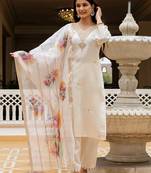 White viscose chanderi thread embroidered with beads work with printed dupatta kurta pant set