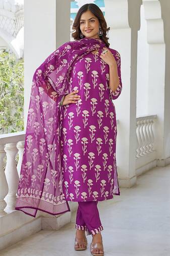 Wine cotton blend printed kurta pant set