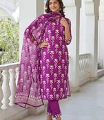 Wine cotton blend printed kurta pant set