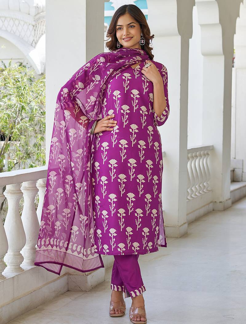 Wine cotton blend printed kurta pant set