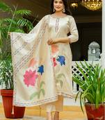 Cream viscose assam silk thread embroidered work with printed dupatta kurta pant set