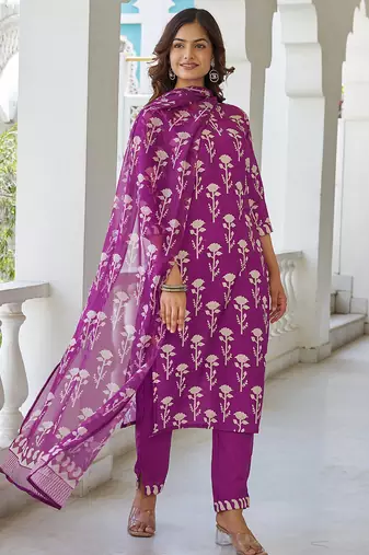 Wine cotton blend printed kurta pant set