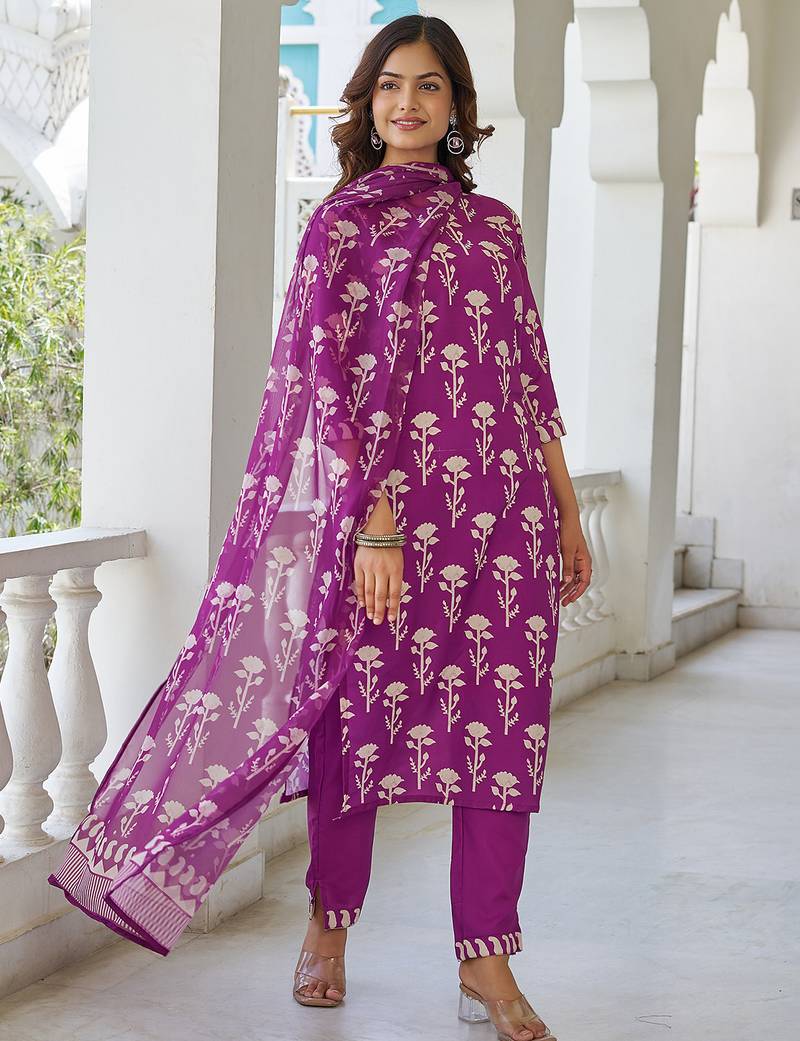 Wine cotton blend printed kurta pant set