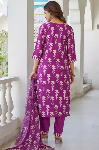 Wine cotton blend printed kurta pant set