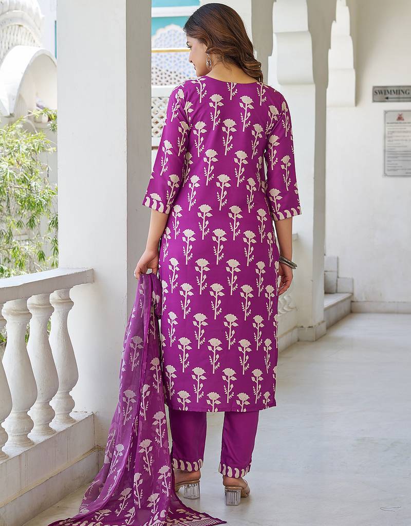 Wine cotton blend printed kurta pant set