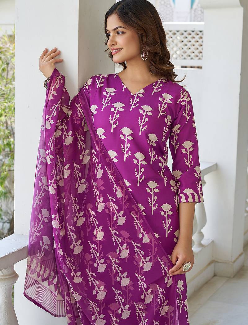 Wine cotton blend printed kurta pant set