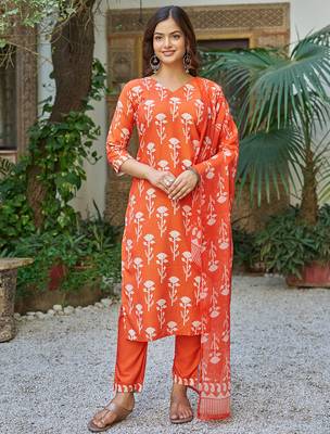 Orange cotton blend printed kurta pant set 1