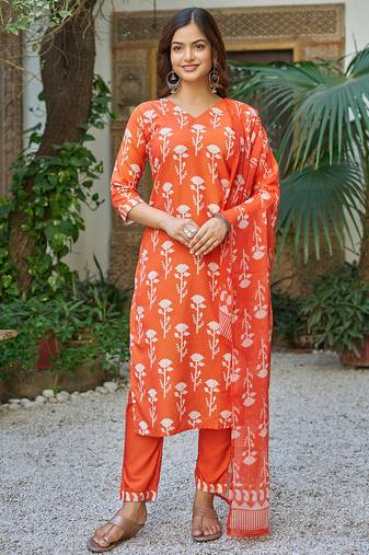 Orange cotton blend printed kurta pant set