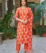 Orange cotton blend printed kurta pant set