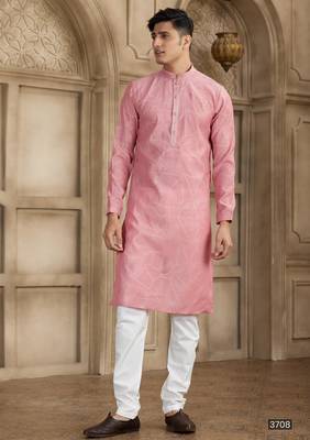 peach art silk kurta pajama set for men 1
