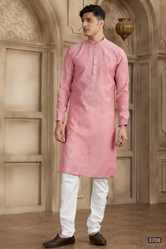 Peach art silk kurta set for men
