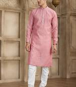 Peach art silk kurta set for men