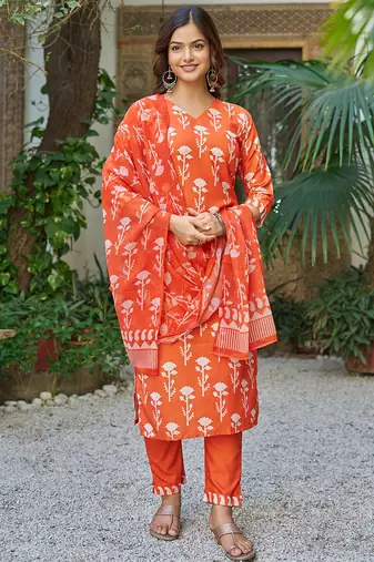 Orange cotton blend printed kurta pant set