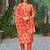 Orange cotton blend printed kurta pant set