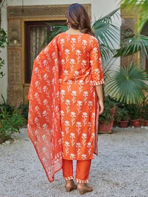 Orange cotton blend printed kurta pant set 3