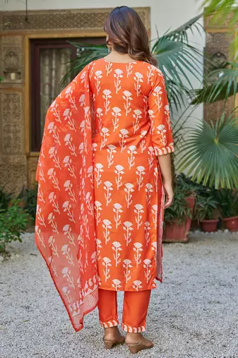 Orange cotton blend printed kurta pant set
